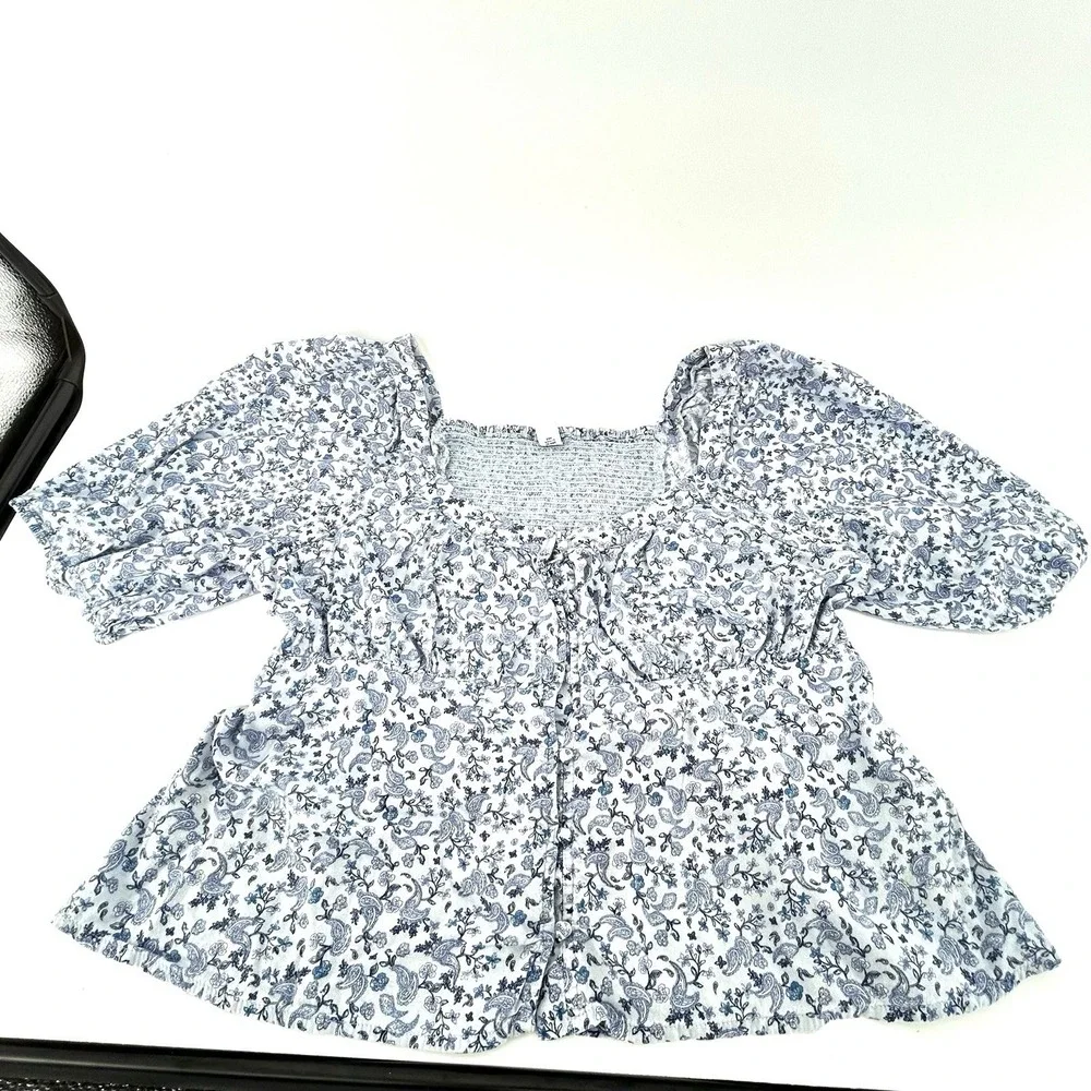 Cottagecore Blue Floral Peasant Top L Petite‎ Puff Sleeve Milkmaid Boho Romantic